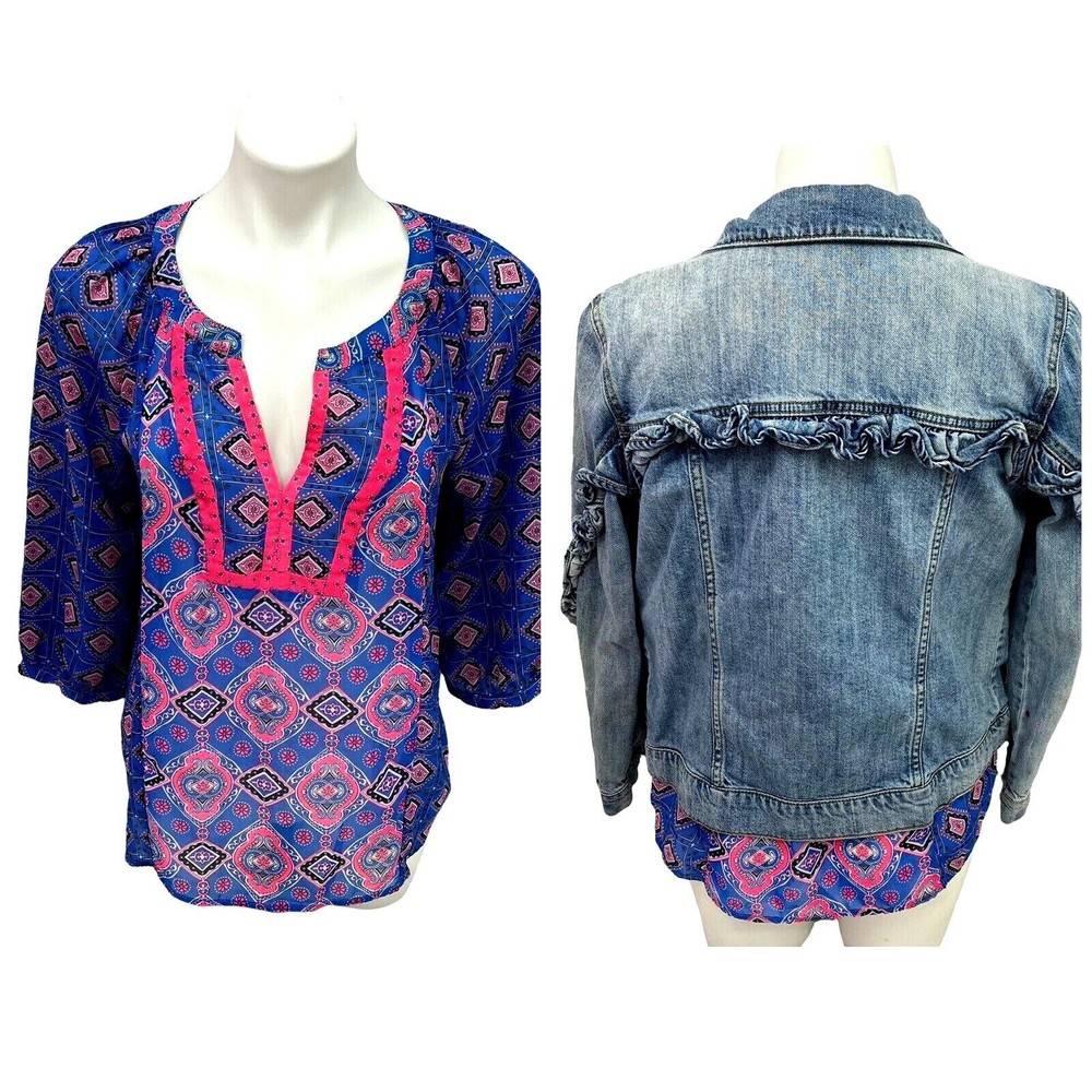 BP Womens Ruffle Denim Jacket Top Combo Size Small Blue Pink Pockets
